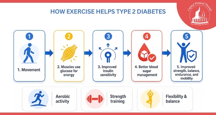 Infographic showing how exercise can help support blood sugar management, insulin sensitivity, strength, and mobility in type 2 diabetes | Capitol Physical Therapy | Washington DC Physical Therapists